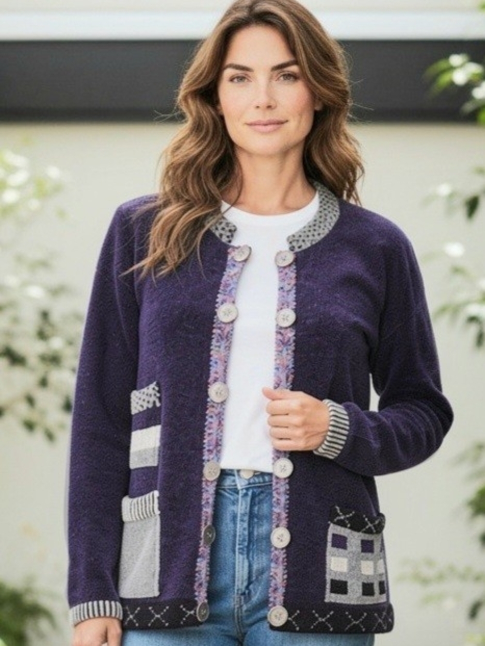 Women’s Purple Button-Front Cardigan with Patch Pocket Accents